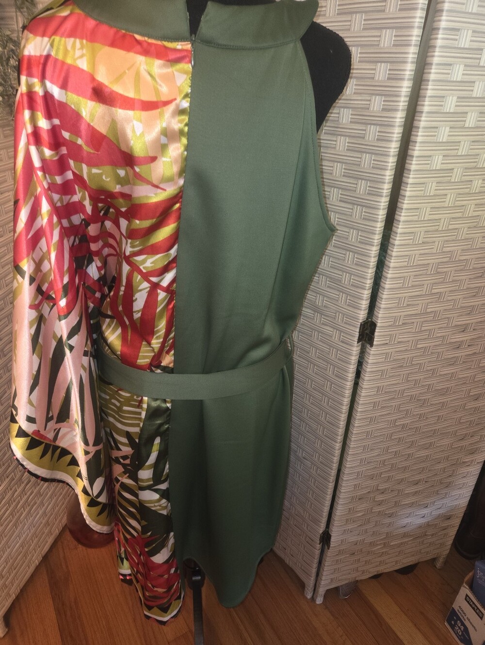 Ashley Stewart Olive Green and Red Tropical Belted Dress - Picture 3 of 6
